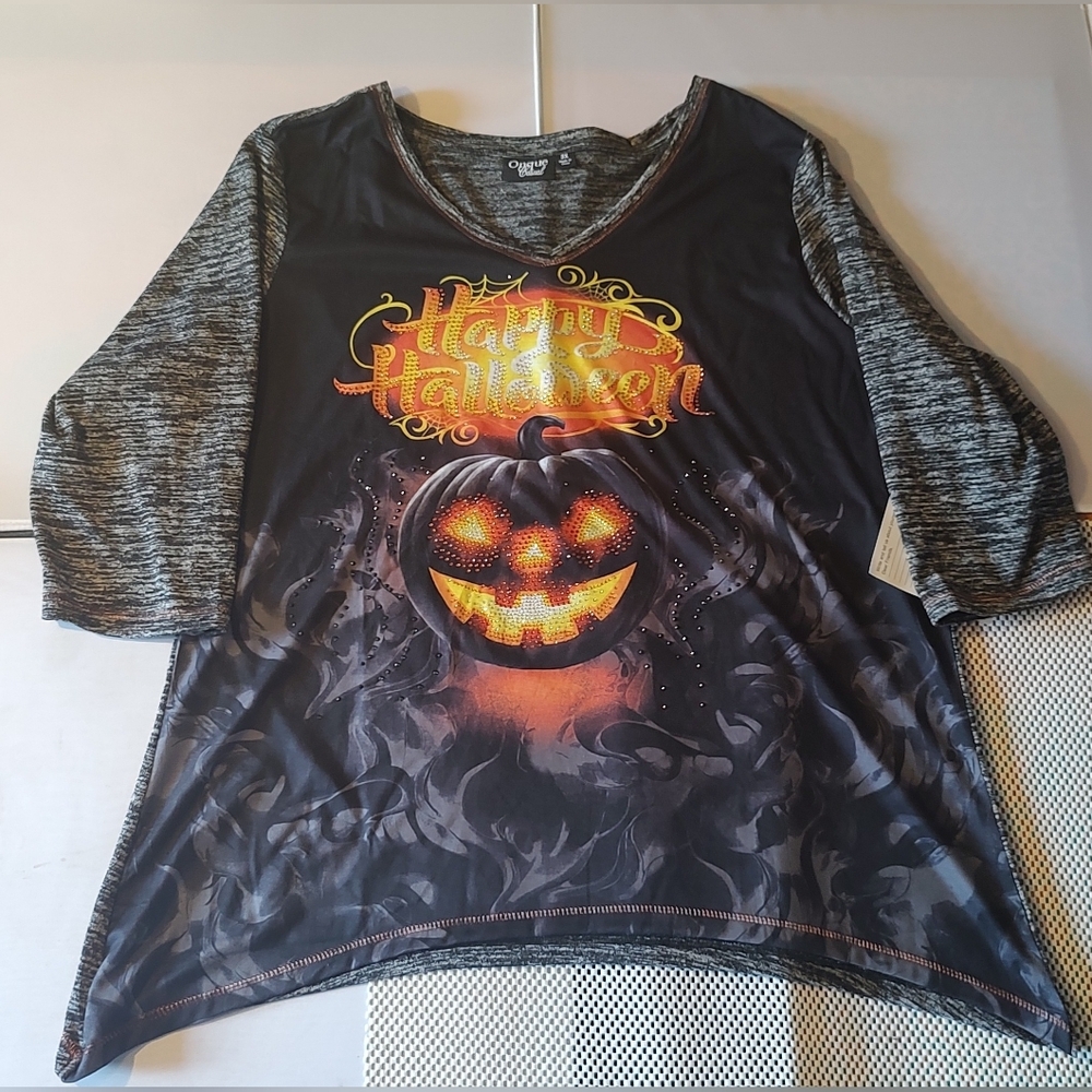Onque Casual Women's Size 3X Halloween Shirt Black/Gray Jack-o'-lantern Bedazzle